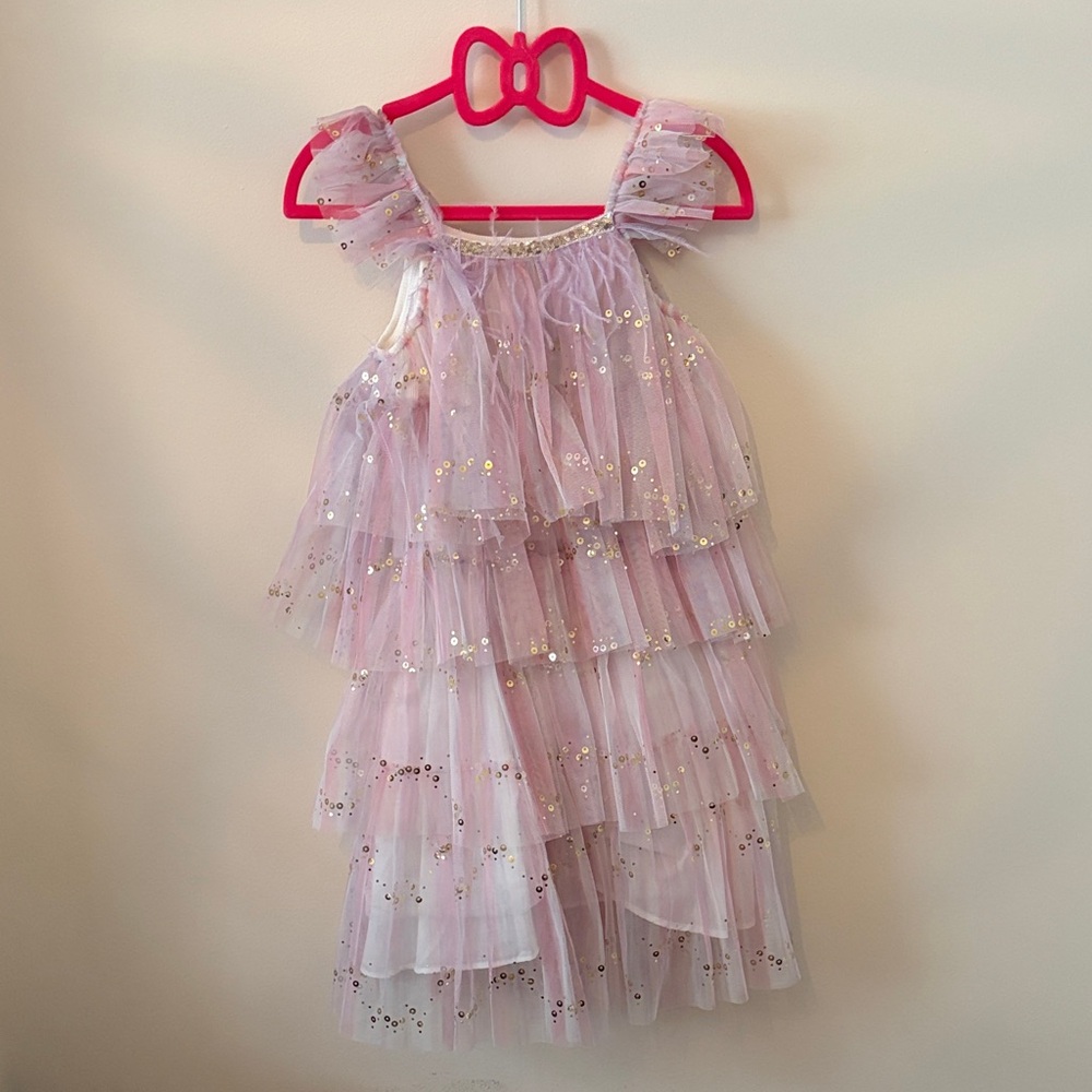 Pink Layered Tulle Dress with Gold Accents